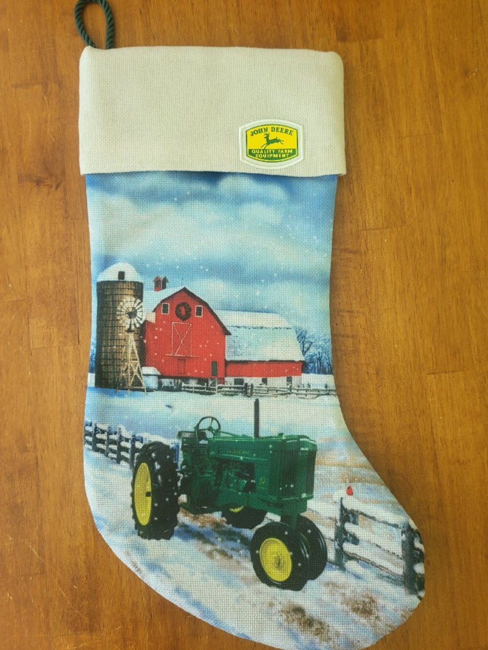 John Deere Farm Tractor Christmas Stocking Green Red Barn Silo Winter Snow T7
